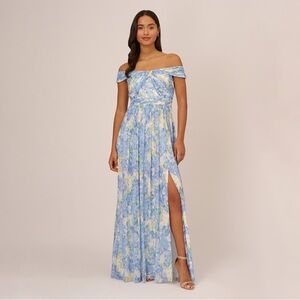 Adrianna Papell off shoulder chiffon gown blue floral dress